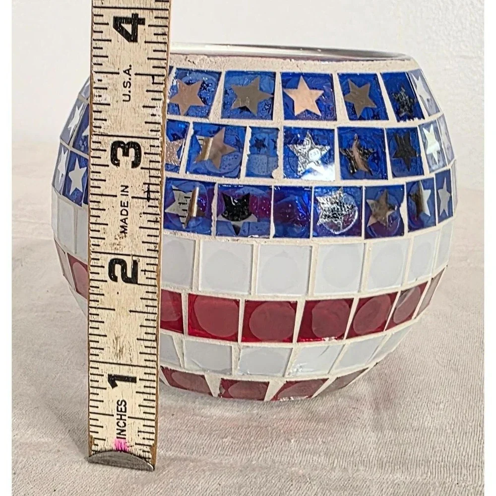 Red White Blue Patriotic Candle Holder Stars & Stripes Mosaic Glass Tile 3 1/2